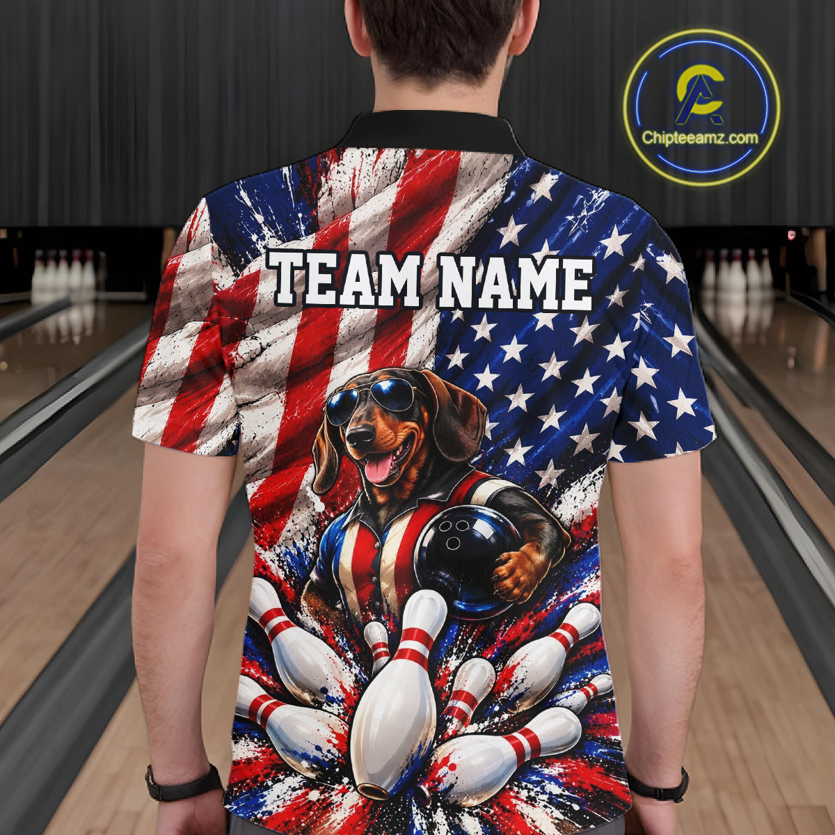 Custom Patriotic Dachshund Bowling Shirt For Men Funny Team Bowling Shirt US Flag Bowler Apparel NYN5060