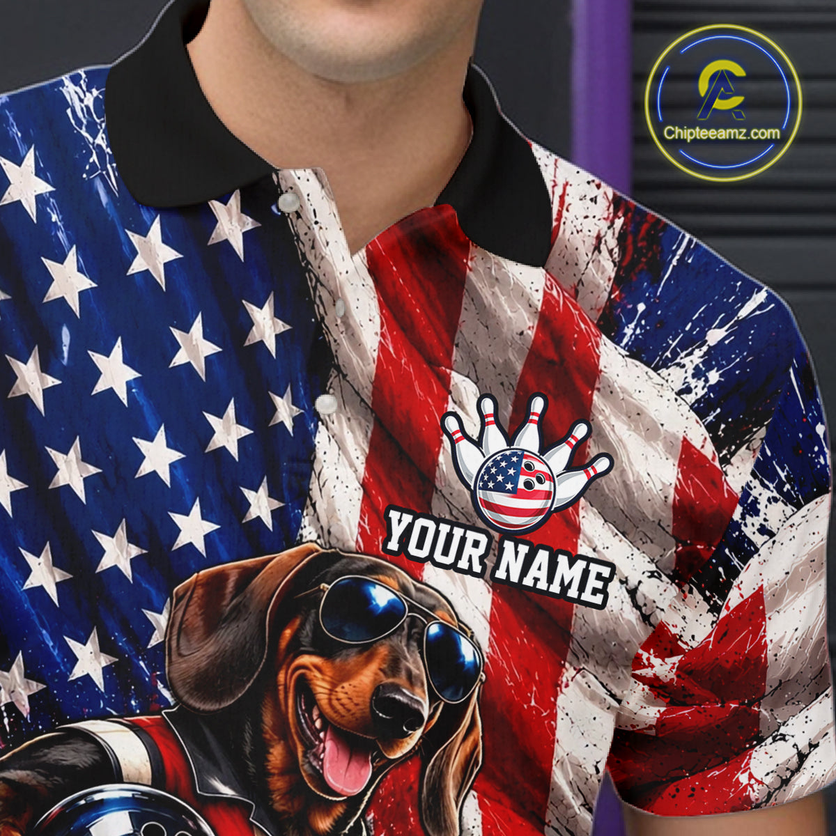 Custom Patriotic Dachshund Bowling Shirt For Men Funny Team Bowling Shirt US Flag Bowler Apparel NYN5060