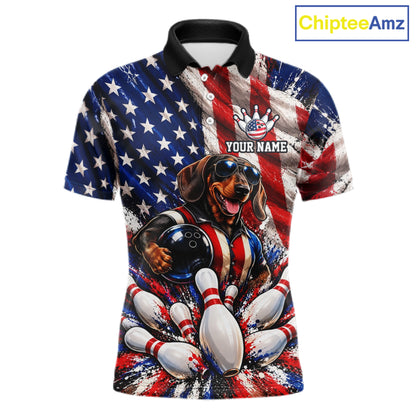 Custom Patriotic Dachshund Bowling Shirt For Men Funny Team Bowling Shirt US Flag Bowler Apparel NYN5060