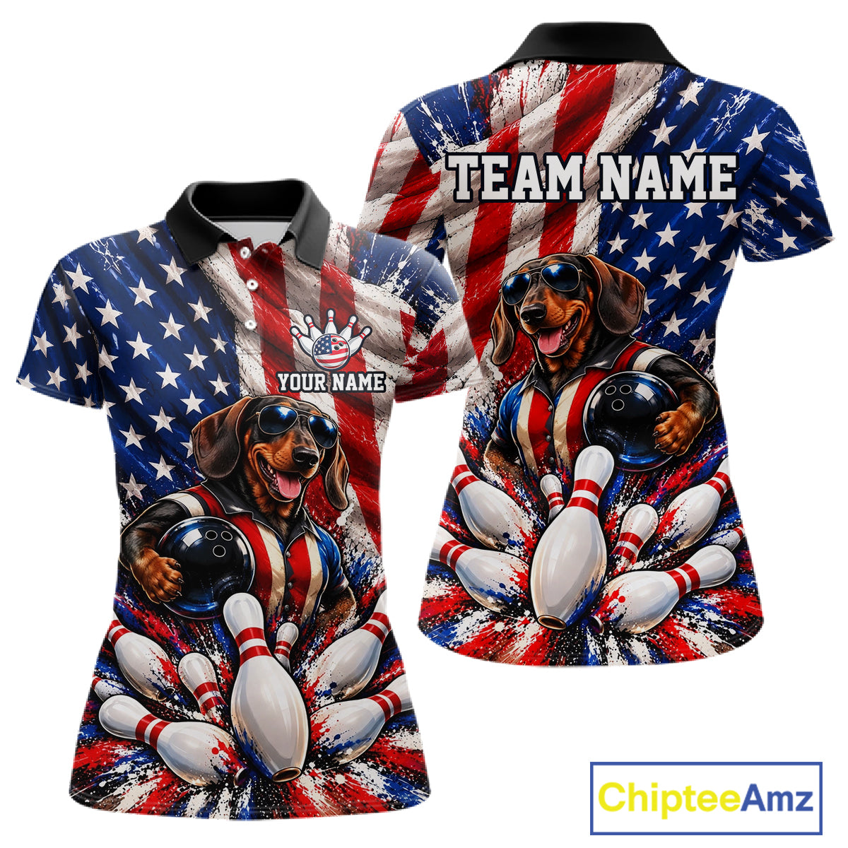 Custom Patriotic Dachshund Bowling Shirt For Women Funny Team Bowling Shirt US Flag Bowler Apparel NYN5060