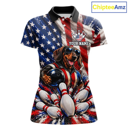 Custom Patriotic Dachshund Bowling Shirt For Women Funny Team Bowling Shirt US Flag Bowler Apparel NYN5060