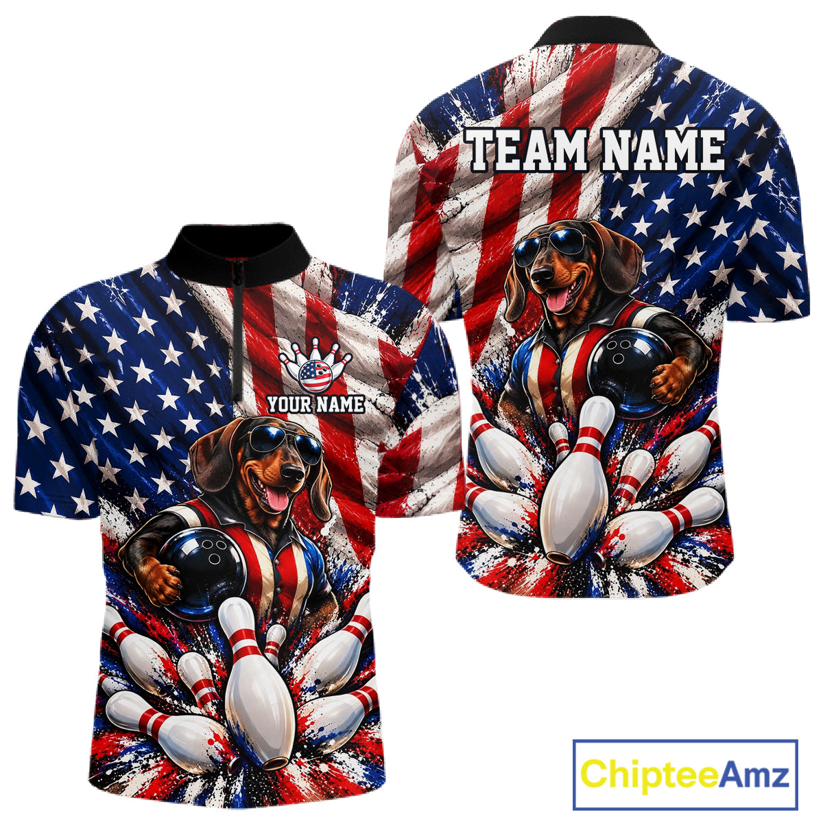 Custom Patriotic Dachshund Bowling Shirt For Men Funny Team Bowling Shirt US Flag Bowler Apparel NYN5060