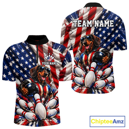 Custom Patriotic Dachshund Bowling Shirt For Men Funny Team Bowling Shirt US Flag Bowler Apparel NYN5060