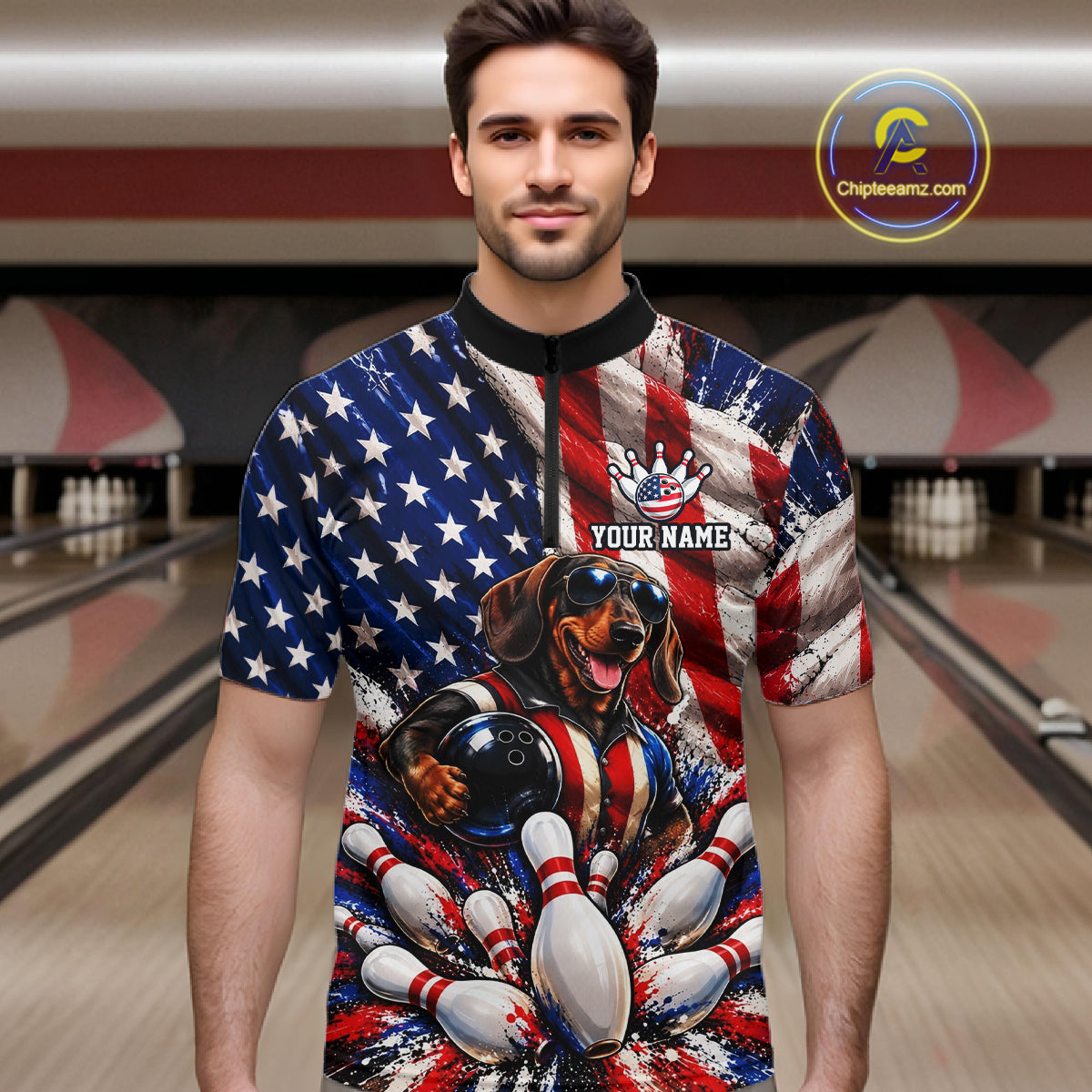 Custom Patriotic Dachshund Bowling Shirt For Men Funny Team Bowling Shirt US Flag Bowler Apparel NYN5060