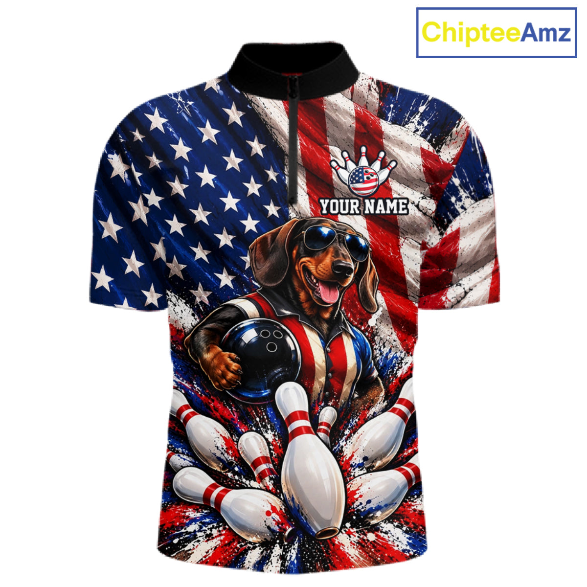Custom Patriotic Dachshund Bowling Shirt For Men Funny Team Bowling Shirt US Flag Bowler Apparel NYN5060