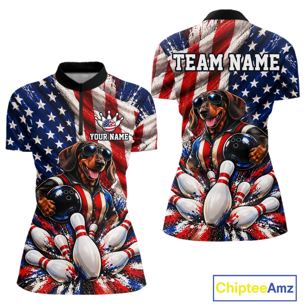 Custom Patriotic Dachshund Bowling Shirt For Women Funny Team Bowling Shirt US Flag Bowler Apparel NYN5060