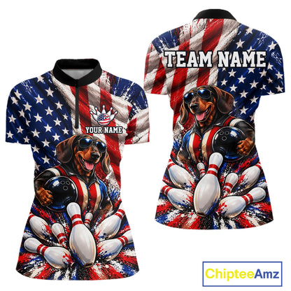 Custom Patriotic Dachshund Bowling Shirt For Women Funny Team Bowling Shirt US Flag Bowler Apparel NYN5060