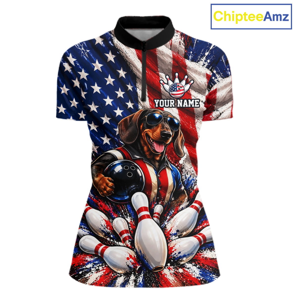 Custom Patriotic Dachshund Bowling Shirt For Women Funny Team Bowling Shirt US Flag Bowler Apparel NYN5060