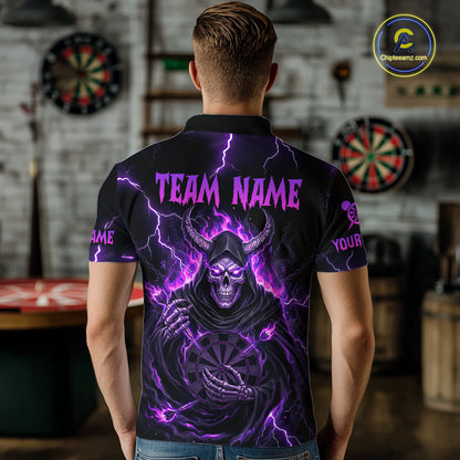 Purple Neon Flaming Grim Reaper Men Darts Polo Jerseys Custom Name Dart League Shirt NYN2064