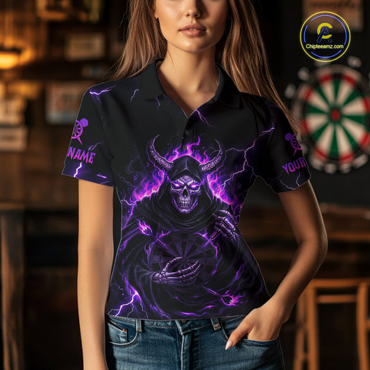 Purple Neon Flaming Grim Reaper Women Darts Polo Jerseys Custom Name Dart League Shirt NYN2064