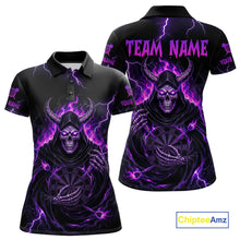Load image into Gallery viewer, Purple Neon Flaming Grim Reaper Women Darts Polo Jerseys Custom Name Dart League Shirt NYN2064
