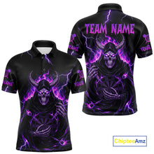 Load image into Gallery viewer, Purple Neon Flaming Grim Reaper Men Darts Polo Jerseys Custom Name Dart League Shirt NYN2064