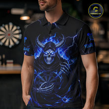 Load image into Gallery viewer, Blue Neon Flaming Grim Reaper Men Darts Polo Jerseys Custom Name Dart League Shirt NYN2065