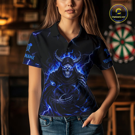 Blue Neon Flaming Grim Reaper Women Darts Polo Jerseys Custom Name Dart League Shirt NYN2065