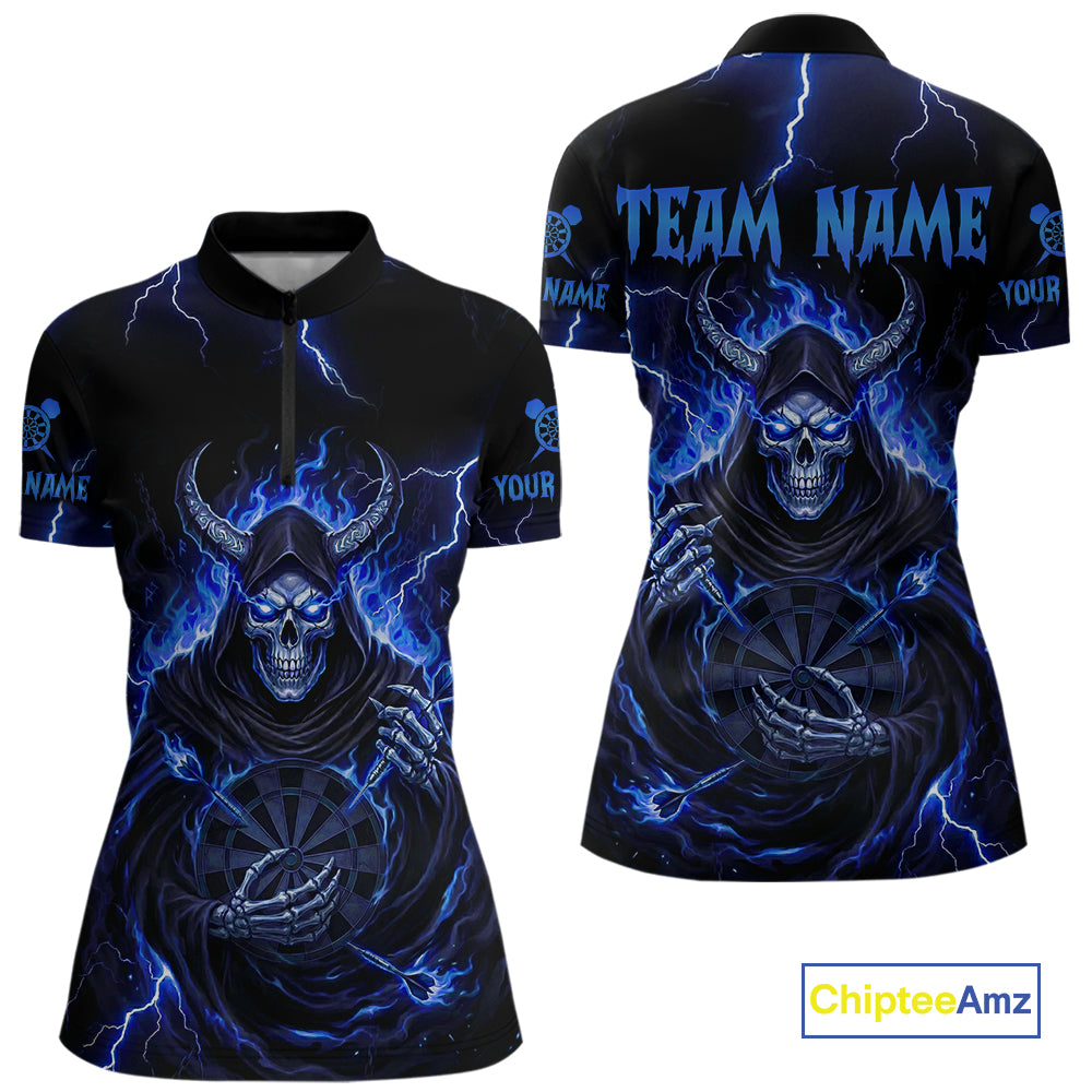 Blue Neon Flaming Grim Reaper Women Darts Quarter-Zip Jerseys Custom Name Dart League Shirt NYN2065