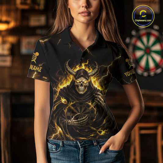 Yellow Neon Flaming Grim Reaper Women Darts Polo Jerseys Custom Name Dart League Shirt NYN2066