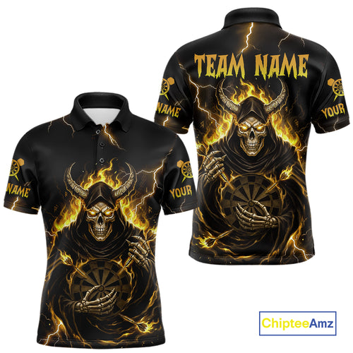 Yellow Neon Flaming Grim Reaper Men Darts Polo Jerseys Custom Name Dart League Shirt NYN2066