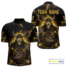 Load image into Gallery viewer, Yellow Neon Flaming Grim Reaper Men Darts Quarter-Zip Jerseys Custom Name Dart League Shirt NYN2066