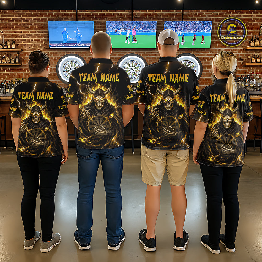 Yellow Neon Flaming Grim Reaper Women Darts Quarter-Zip Jerseys Custom Name Dart League Shirt NYN2066