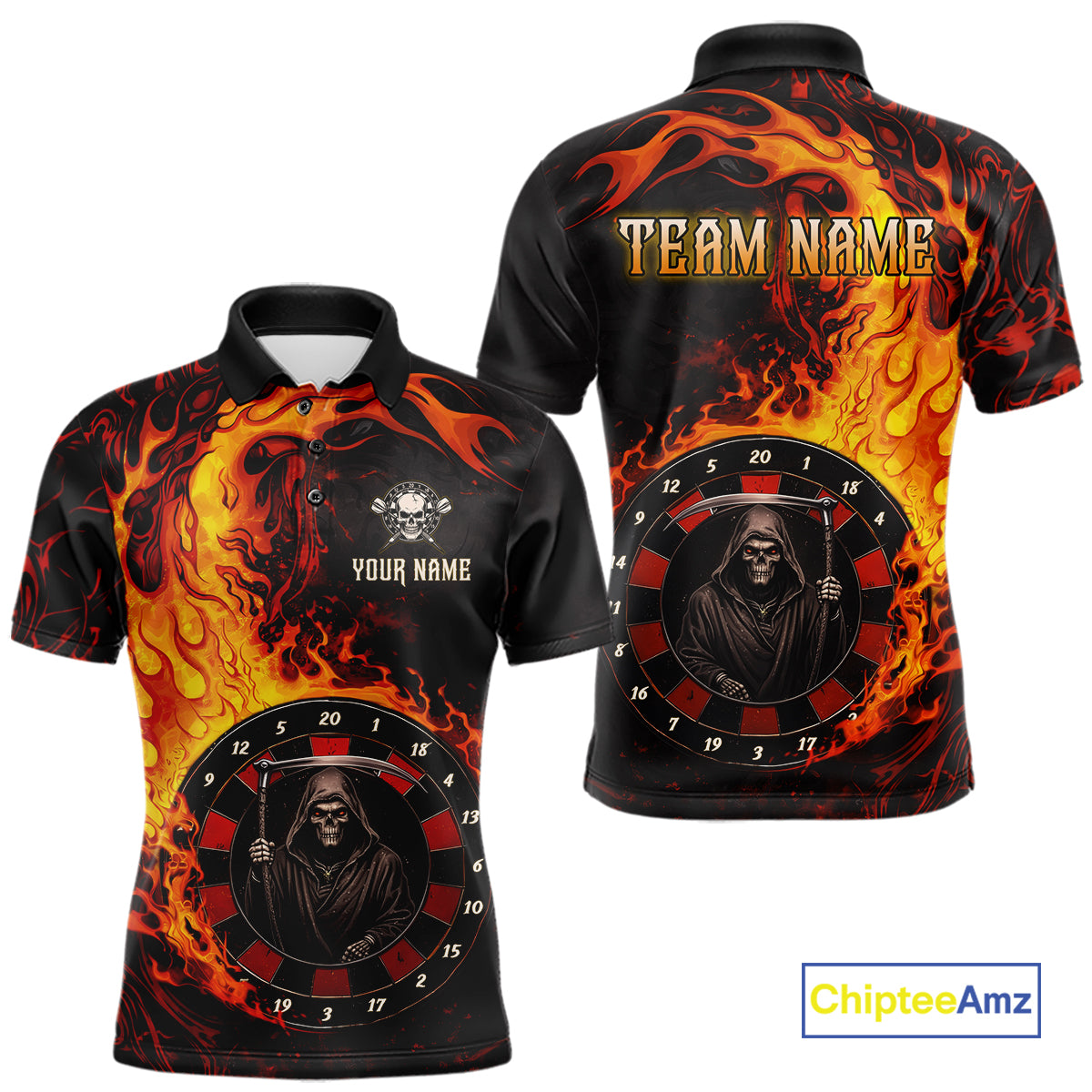 Grim Reaper Red Flaming Dartboard Men Darts Polo Shirt Personalized Grunge Darts Team Jerseys NYN2600