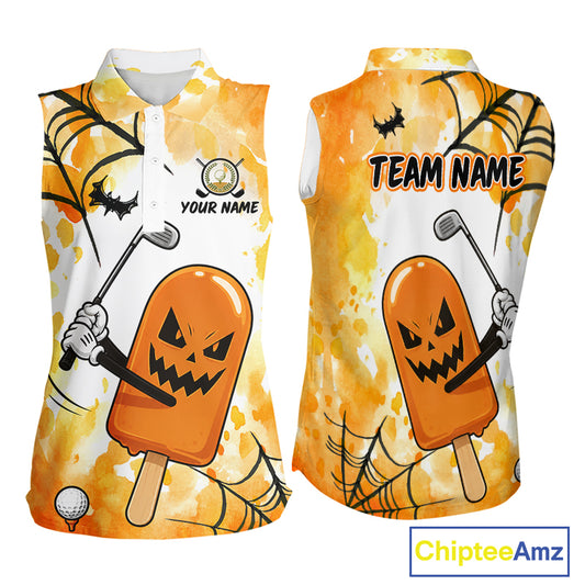 Funny Spooky Ice Cream women sleeveless golf polo, personalized Halloween ice cream golf shirt, fun golf apparel, spooky golf gift