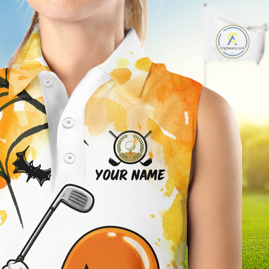 Female golfer wearing Spooky Ice Cream golf polo, Halloween golf fashion, golf outing apparel, playful golf clothing