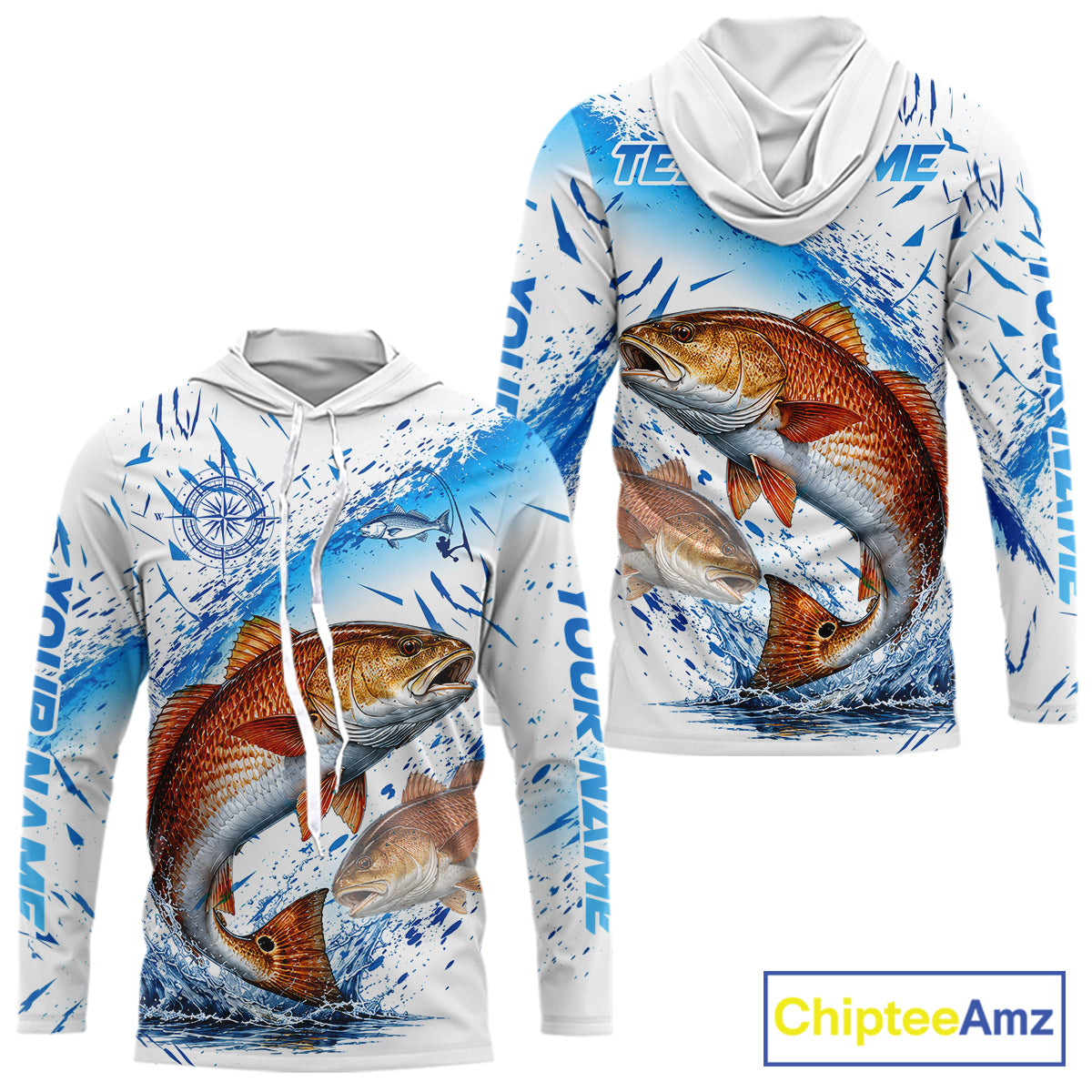 Custom Name Redfish Splash Fishing Performance Shirt, Compass Red Drum Angler Apparel For Men NYN4316