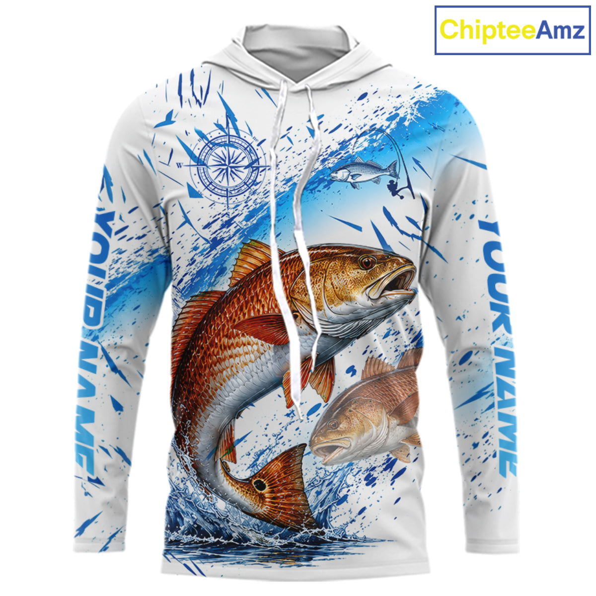 Custom Name Redfish Splash Fishing Performance Shirt, Compass Red Drum Angler Apparel For Men NYN4316