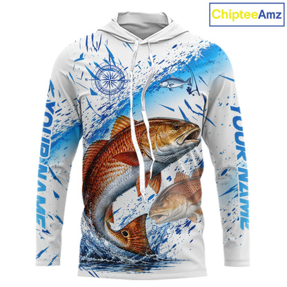 Custom Name Redfish Splash Fishing Performance Shirt, Compass Red Drum Angler Apparel For Men NYN4316