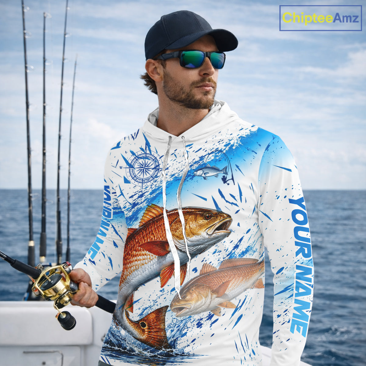 Custom Name Redfish Splash Fishing Performance Shirt, Compass Red Drum Angler Apparel For Men NYN4316
