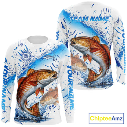 Custom Name Redfish Splash Fishing Performance Shirt, Compass Red Drum Angler Apparel For Men NYN4316