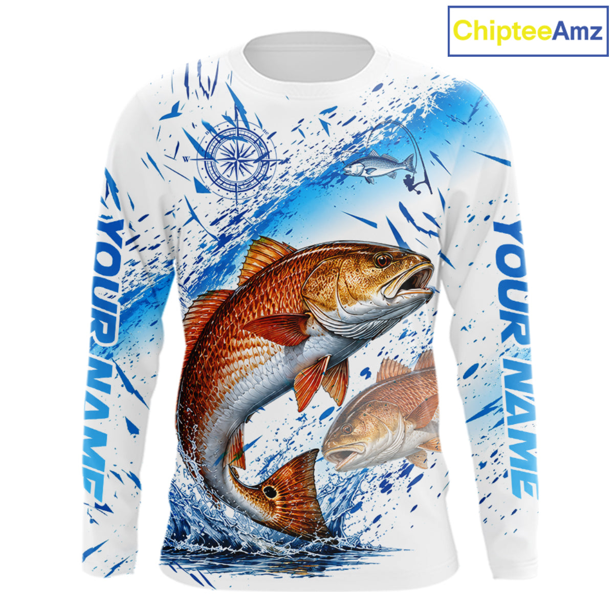 Custom Name Redfish Splash Fishing Performance Shirt, Compass Red Drum Angler Apparel For Men NYN4316