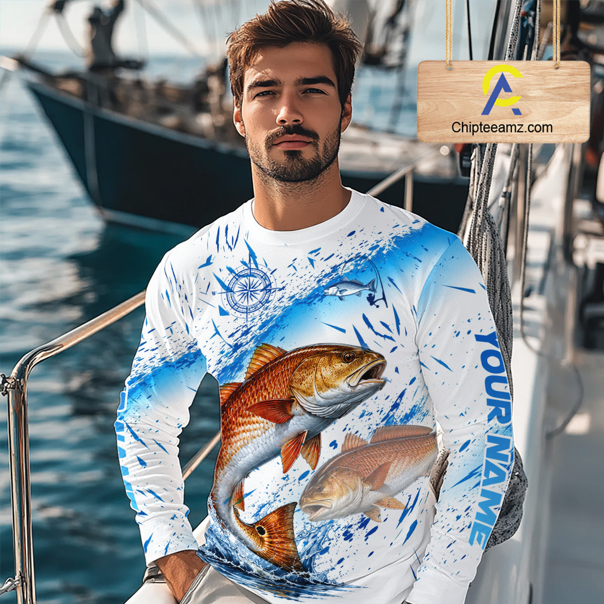 Custom Name Redfish Splash Fishing Performance Shirt, Compass Red Drum Angler Apparel For Men NYN4316