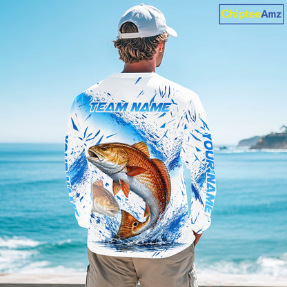 Custom Name Redfish Splash Fishing Performance Shirt, Compass Red Drum Angler Apparel For Men NYN4316