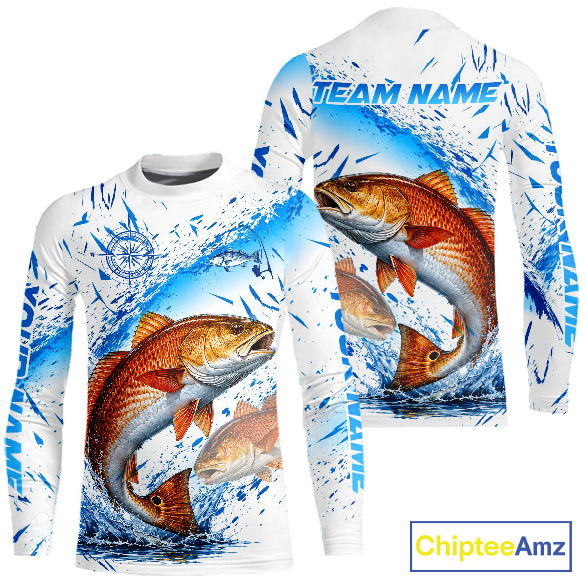 Custom Name Redfish Splash Fishing Performance Shirt, Compass Red Drum Angler Apparel For Men NYN4316