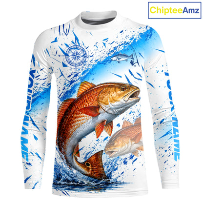 Custom Name Redfish Splash Fishing Performance Shirt, Compass Red Drum Angler Apparel For Men NYN4316