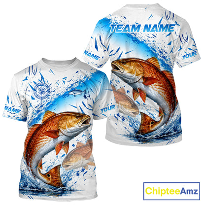 Custom Name Redfish Splash Fishing Performance Shirt, Compass Red Drum Angler Apparel For Men NYN4316