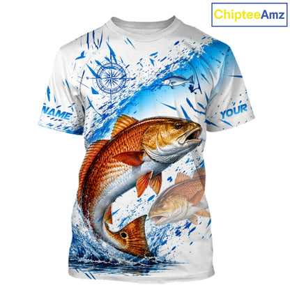 Custom Name Redfish Splash Fishing Performance Shirt, Compass Red Drum Angler Apparel For Men NYN4316