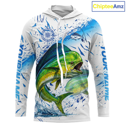 Custom Name Mahi Mahi Splash Fishing Performance Shirt, Compass Personalized Fisherman Gifts For Men NYN4317