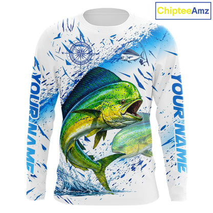 Custom Name Mahi Mahi Splash Fishing Performance Shirt, Compass Personalized Fisherman Gifts For Men NYN4317
