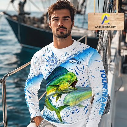 Custom Name Mahi Mahi Splash Fishing Performance Shirt, Compass Personalized Fisherman Gifts For Men NYN4317