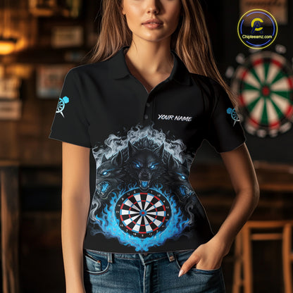 Grey And Blue Flames Wolf Custom Women's Funny Dart Polo Shirts Team Dart League Jerseys NYN2079