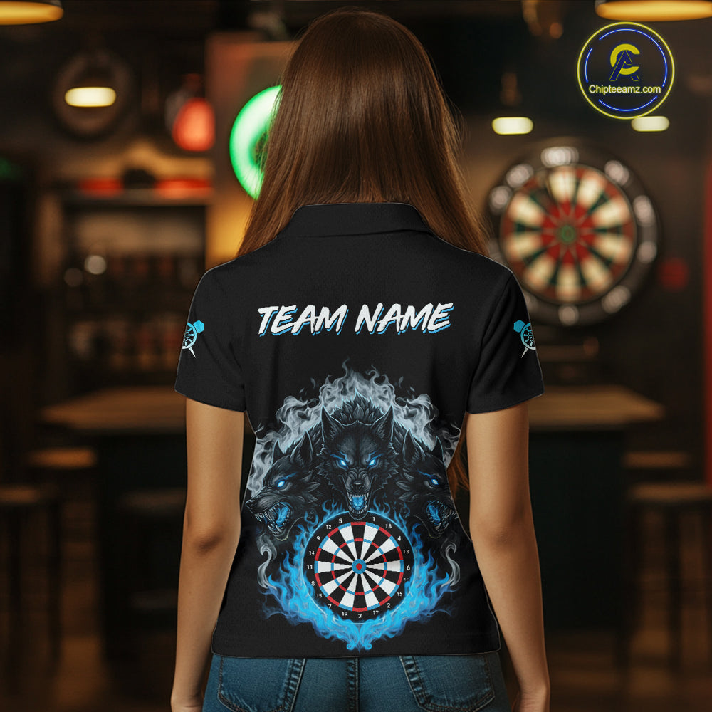 Grey And Blue Flames Wolf Custom Women's Funny Dart Polo Shirts Team Dart League Jerseys NYN2079