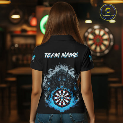 Grey And Blue Flames Wolf Custom Women's Funny Dart Polo Shirts Team Dart League Jerseys NYN2079