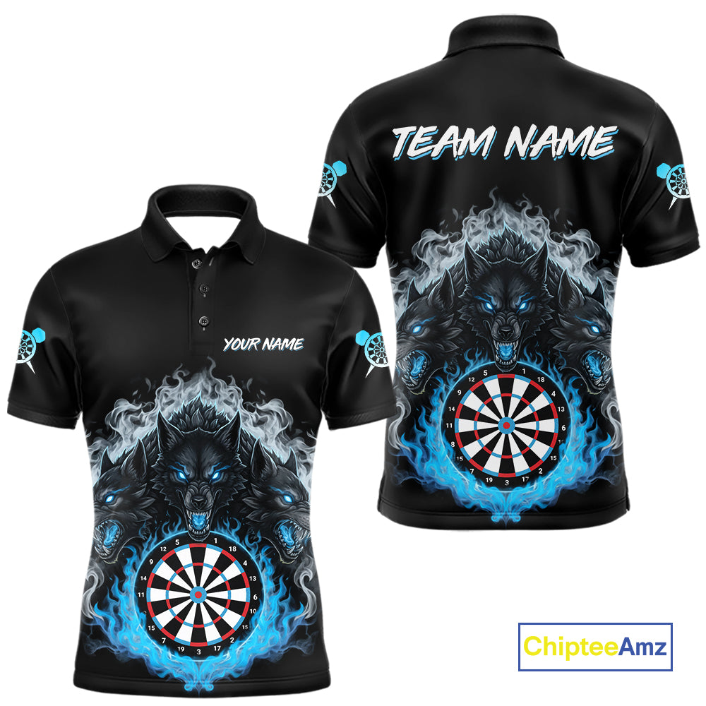Grey And Blue Flames Wolf Custom Men's Funny Dart Polo Shirts Team Dart League Jerseys NYN2079