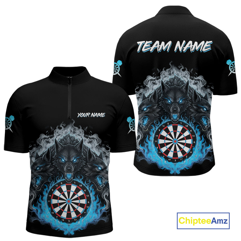 Grey And Blue Flames Wolf Custom Men's Funny Dart Quarter-Zip Shirts Team Dart League Jerseys NYN2079