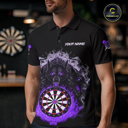 Grey And Purple Flames Wolf Custom Men's Funny Dart Polo Shirts Team Dart League Jerseys NYN2080