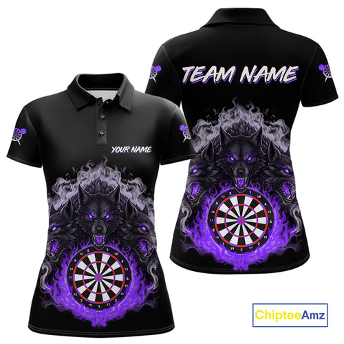 Grey And Purple Flames Wolf Custom Women's Funny Dart Polo Shirts Team Dart League Jerseys NYN2080
