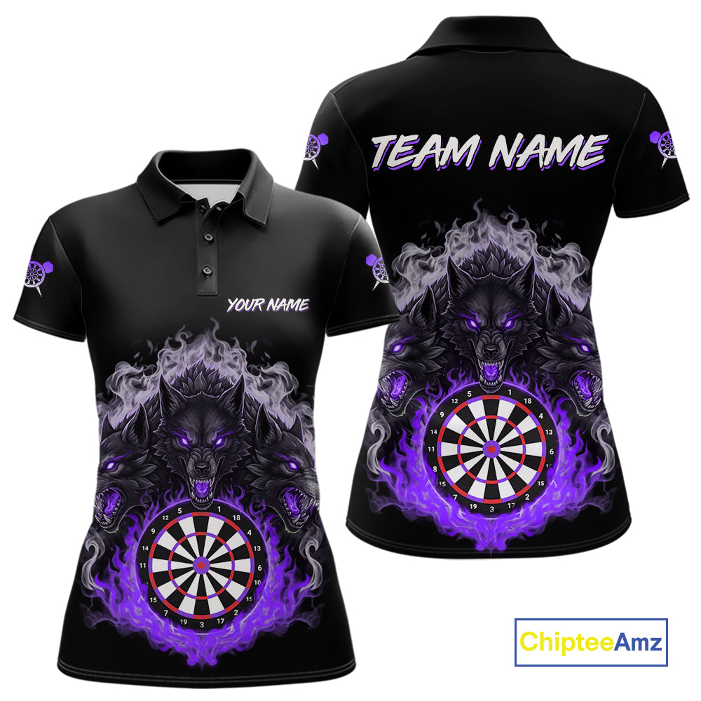 Grey And Purple Flames Wolf Custom Women's Funny Dart Polo Shirts Team Dart League Jerseys NYN2080