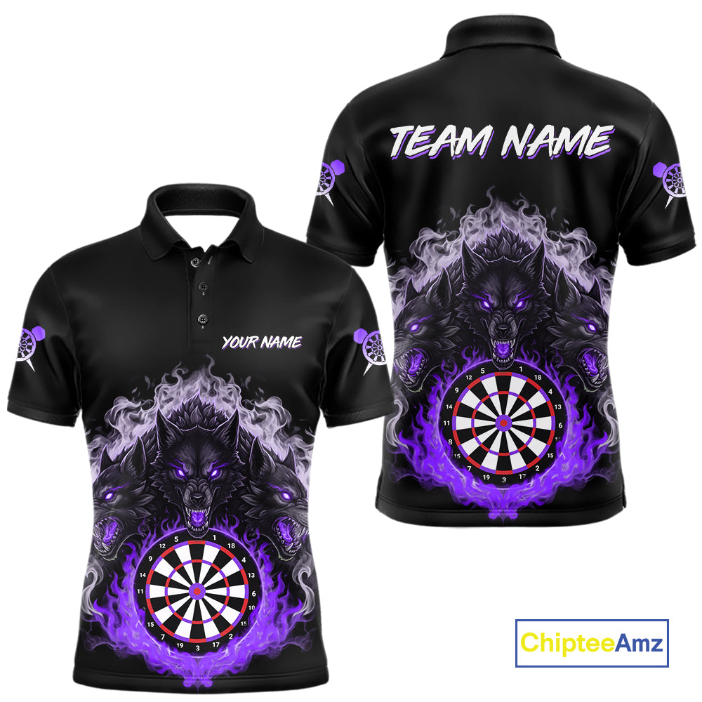 Grey And Purple Flames Wolf Custom Men's Funny Dart Polo Shirts Team Dart League Jerseys NYN2080